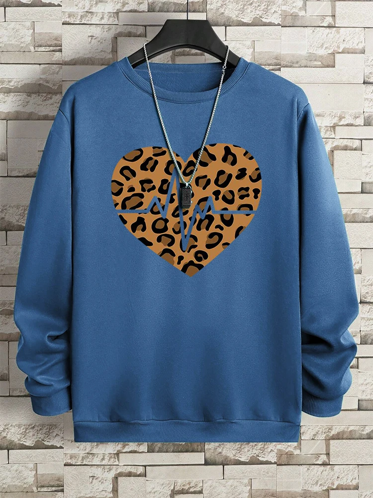 Classic Leopard Print Heart Men Hoodies Crewneck Fleece Sweatshirt Hip Hop Loose Pullover Fashion Comfortable Mens Hoody Tops