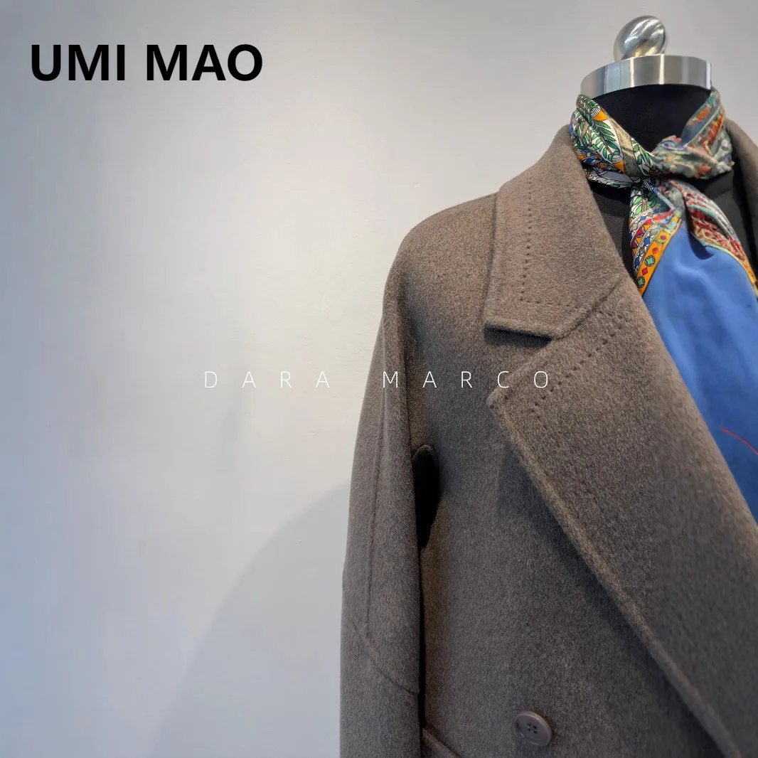 

UMI MAO шерстяное пальто женское кашемировое с широкими лацканами накладная сумка длинное двустороннее кашемировое пальто шерстяная куртка осеннее женское пальто