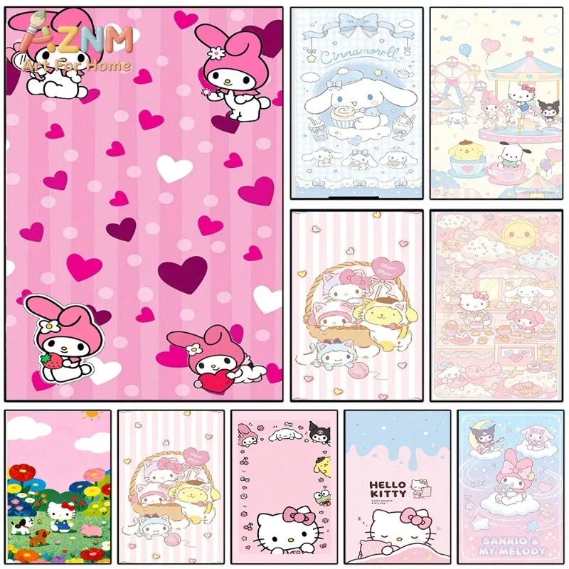 Sanrio My Melody Hello Kitty Cinnamoroll Cute Cartoon Canvas Wall Art No Frame Single Canvas Painting Poster Girls Bedroom Home