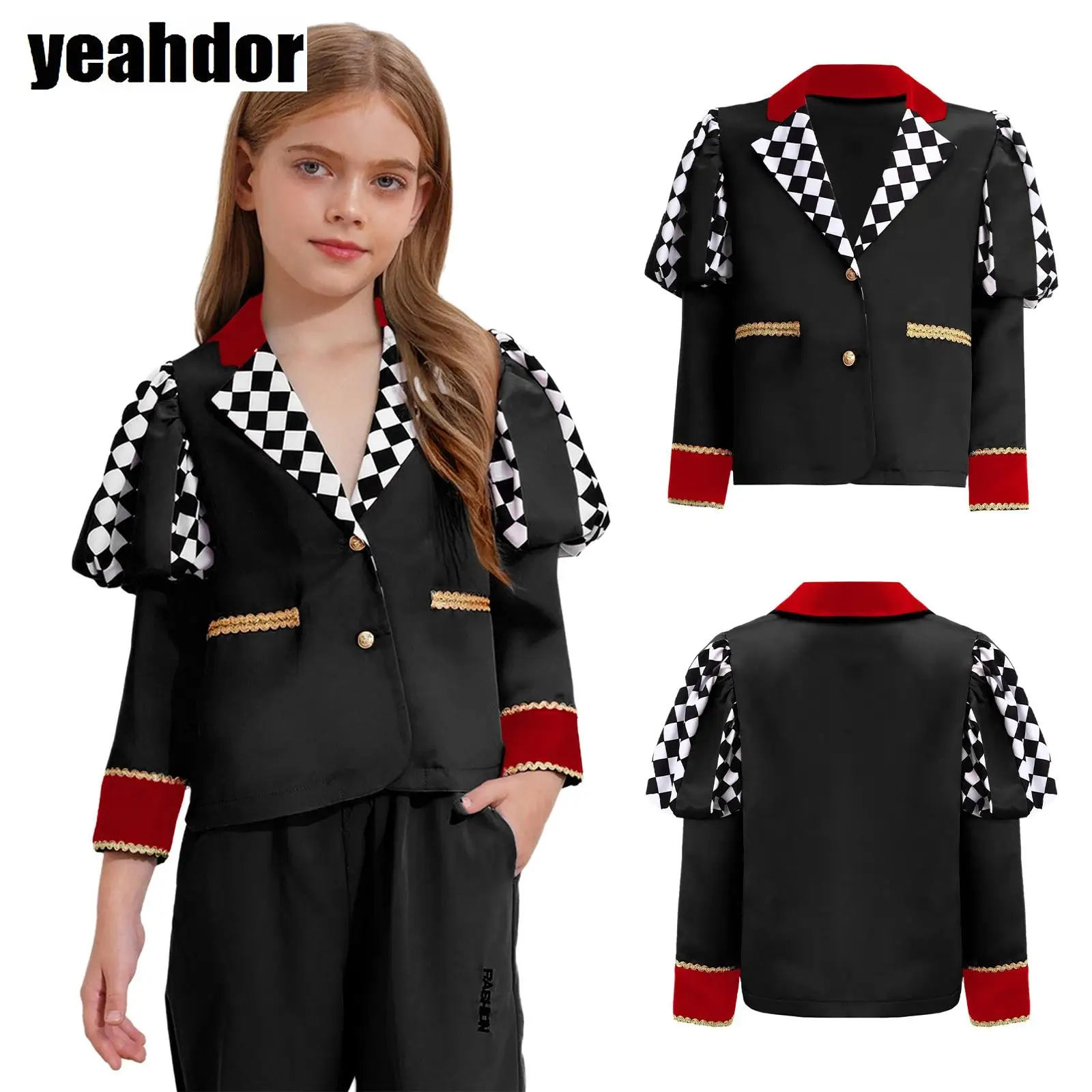 Chaqueta de circo para niñas, prendas de vestir de maestro de ceremonias, disfraz de Reina, abrigo de manga abombada con adorno dorado, vestido de domador de León para Halloween