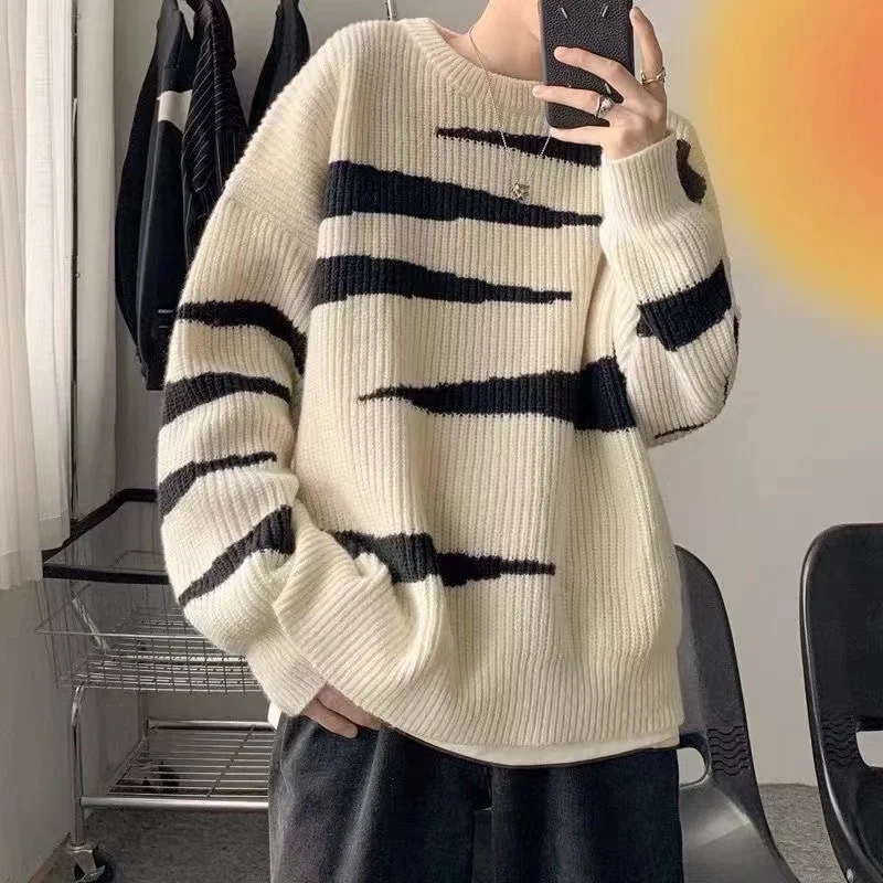 Large Size 300 Pou Men's Sweater Autumn Winter Loose Fit Stripe Knitwear Casual Retro Hong Kong Sle Ball Game Collar Lon...