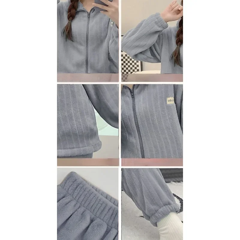 2024 New Autumn Winter Zipper Simple Sleepwear Women Long Sleeve Pants Coral Plush Loungewear Thickened Pockets Flannel Homewear