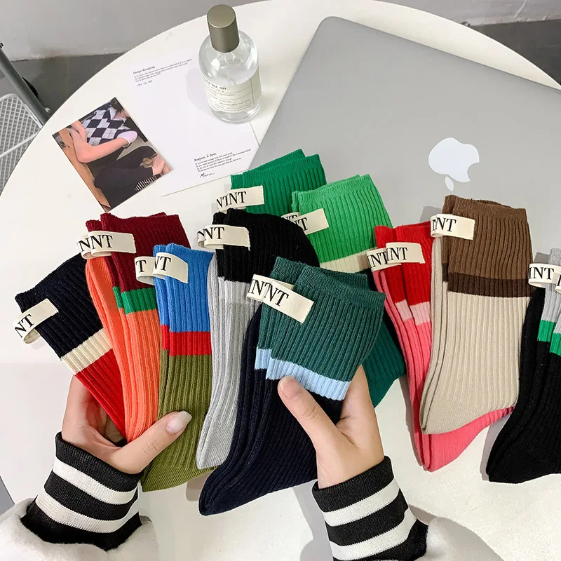 

Contrast colored socks, women's high top pile up socks, Korean version of spring/summer cotton socks