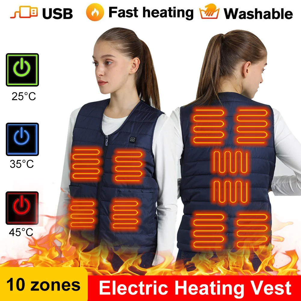 10 Heated Zone USB Electric Heating Vest Thermal Heated Jacket Sleeveless 3 Temperatures Winter Outdoor Hunting Warm