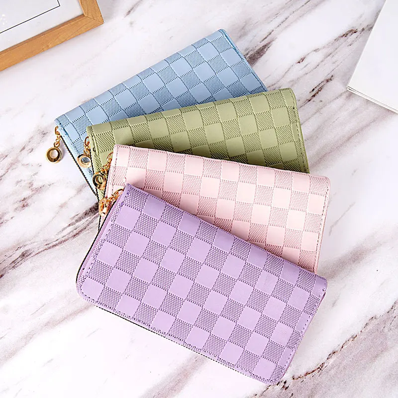 Women's PU Leather Checkered Long Wallet Cute Zipper Purse Clutch Bag with Card Slots