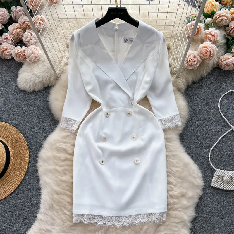 

Short Notched Neck Dress Women's Summer Lace Patchwork Temperament Half Sleeve French High-End White Zipper Suit Dress Z1438