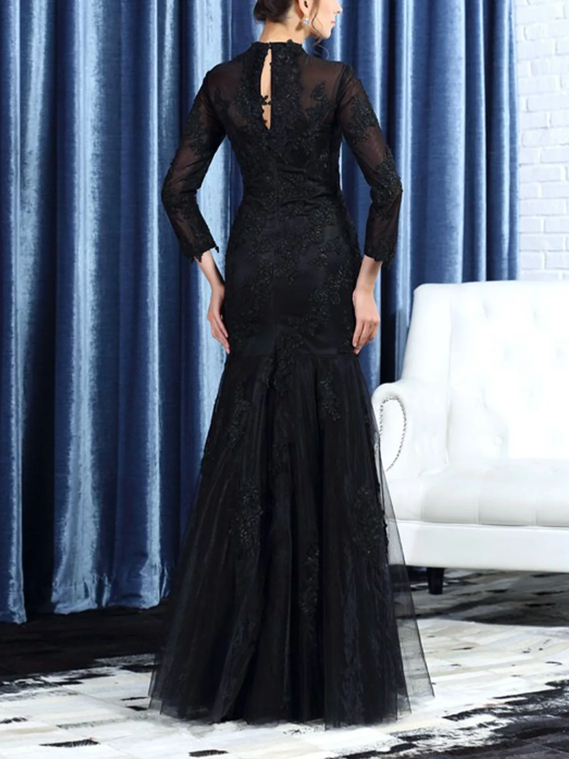 Elegant Mermaid Prom Evening Dress Tulle Lace Appliques High Neck Sleeves Floor-Length Wedding Guest Dress 2025 Free Customized