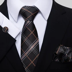 Brand Luxurious Tie For Men 8 cm Black Brown Striped Tie Hanky Cufflink Set Necktie Formal Clothing Hombre Fit Workplace