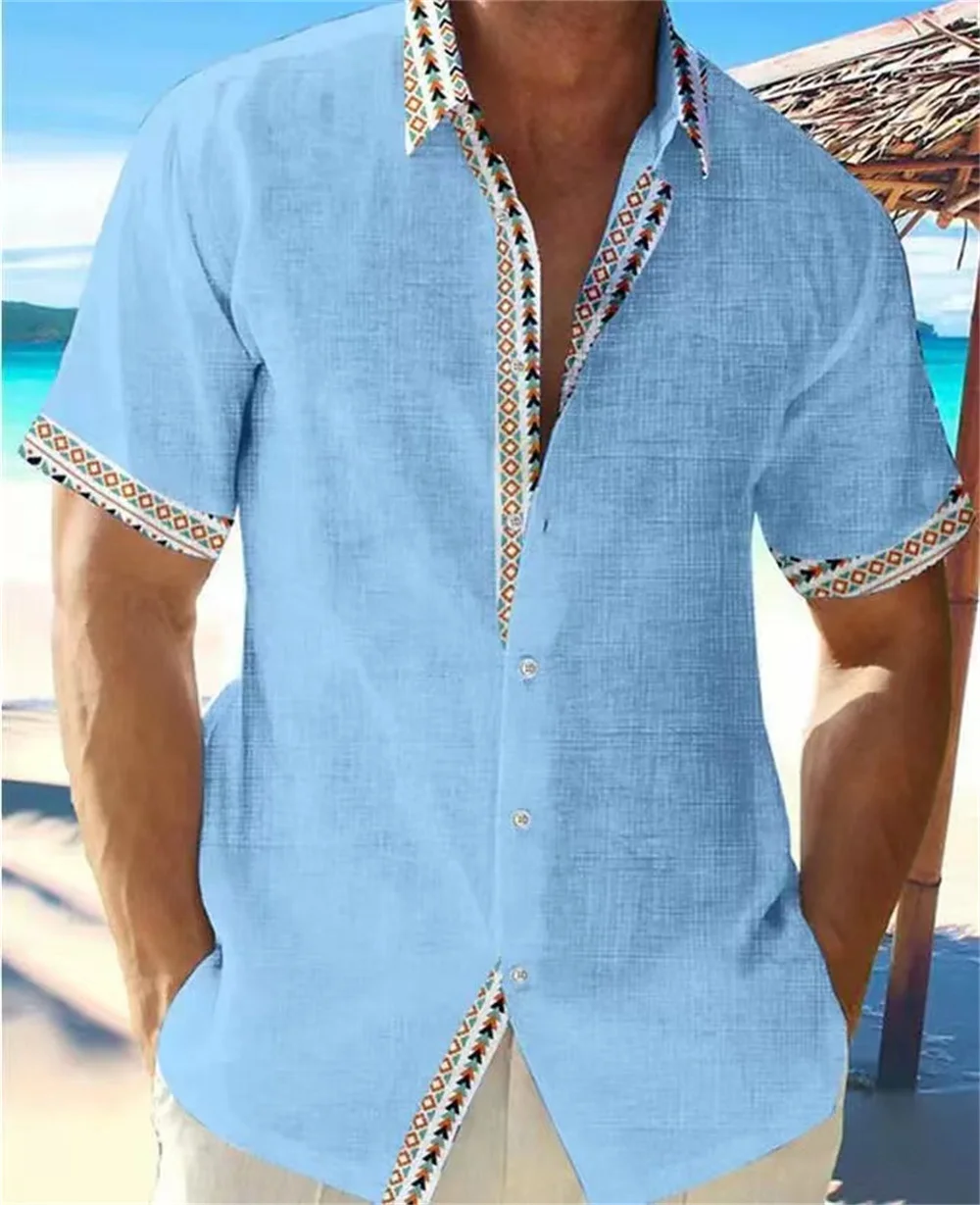 New rice white texture cuffs contrasting ethnic style geometric men's lapel short sleeved casual shirt clothing