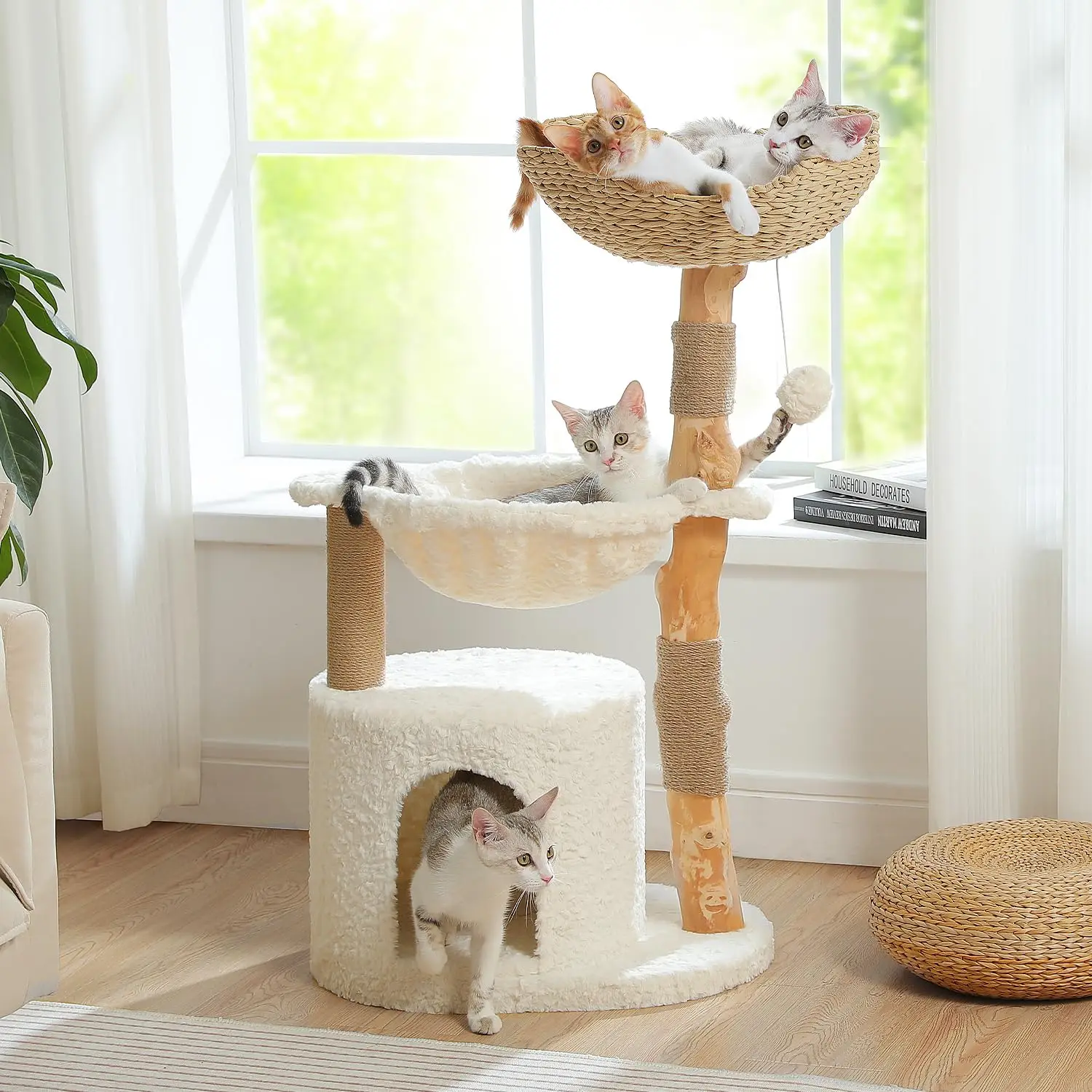 Árbol para Gatos Moderno de Madera Maciza con Cesta de Mimbre, para Gatos Grandes, Blanco, Torre de 40" de Alto, Cama Tejida de ∅17.7", Cama Curva, Base de 2 Niveles, Personalizable