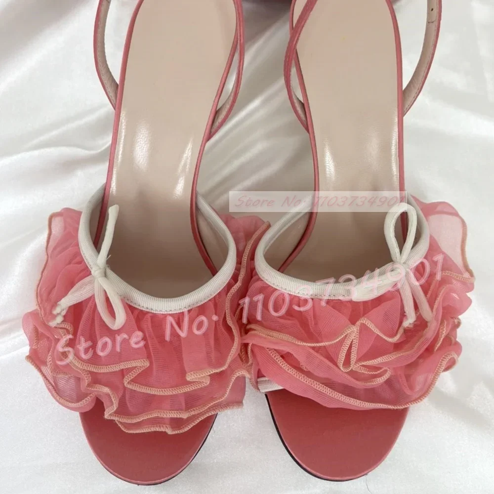 Pink Tulle Ruffle Mid Heel Slingback Sandals Women Elegant Flower Thin High Heels Shoes Ladies Fashion Open Toe Satin Sandals