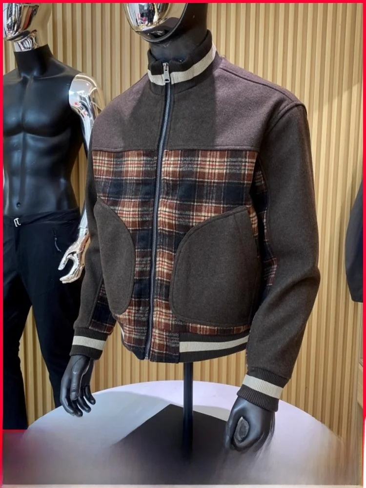 

Retro Japanese Plaid Patchwork Men's Autumn Winter Loose Casual Versatile Woolen Baseball Jaet Outerwear Youth Trend