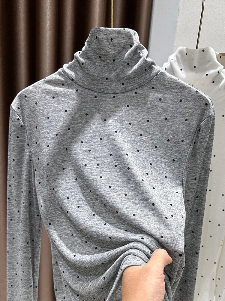 

Silky Smooth Long Sve T-irt Women's Polka Dot Base irt Spring Autumn New Sle High Collar Splice High Ne Inner Wear