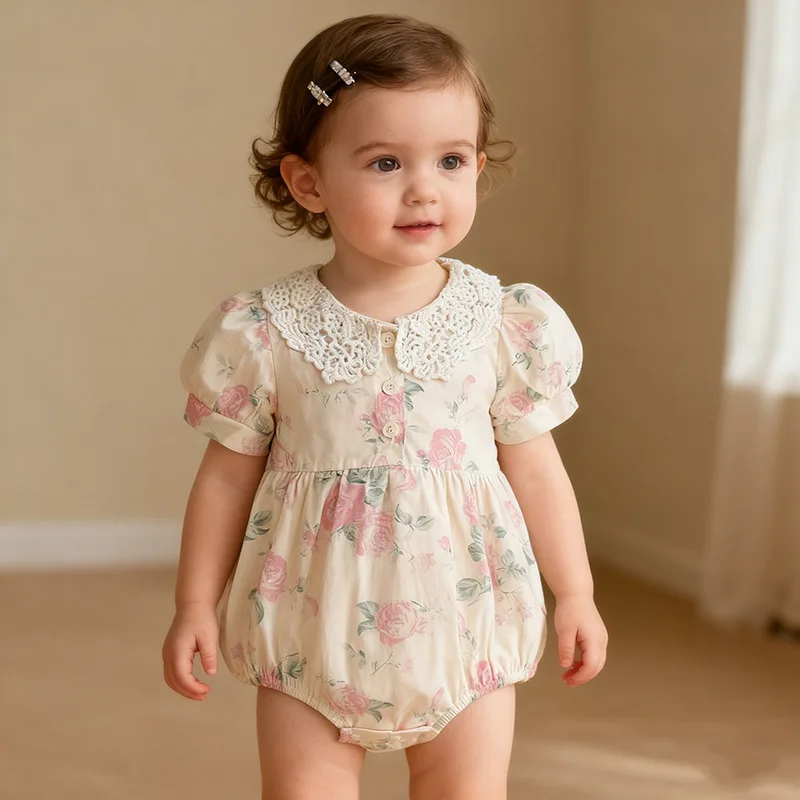 

Girls Onesie 2026 Spring and Summer New Childrens Clothing Korean Style Girl Baby Thin Princess Broken Doll Collar Onesie
