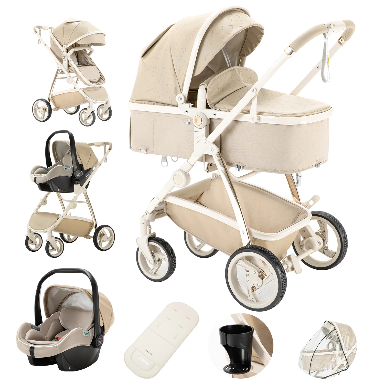 3-in-1 kinderwagen Draagbare luxe reiswagen Hoge landschap pasgeboren kinderwagen met draagzak PU-leer
