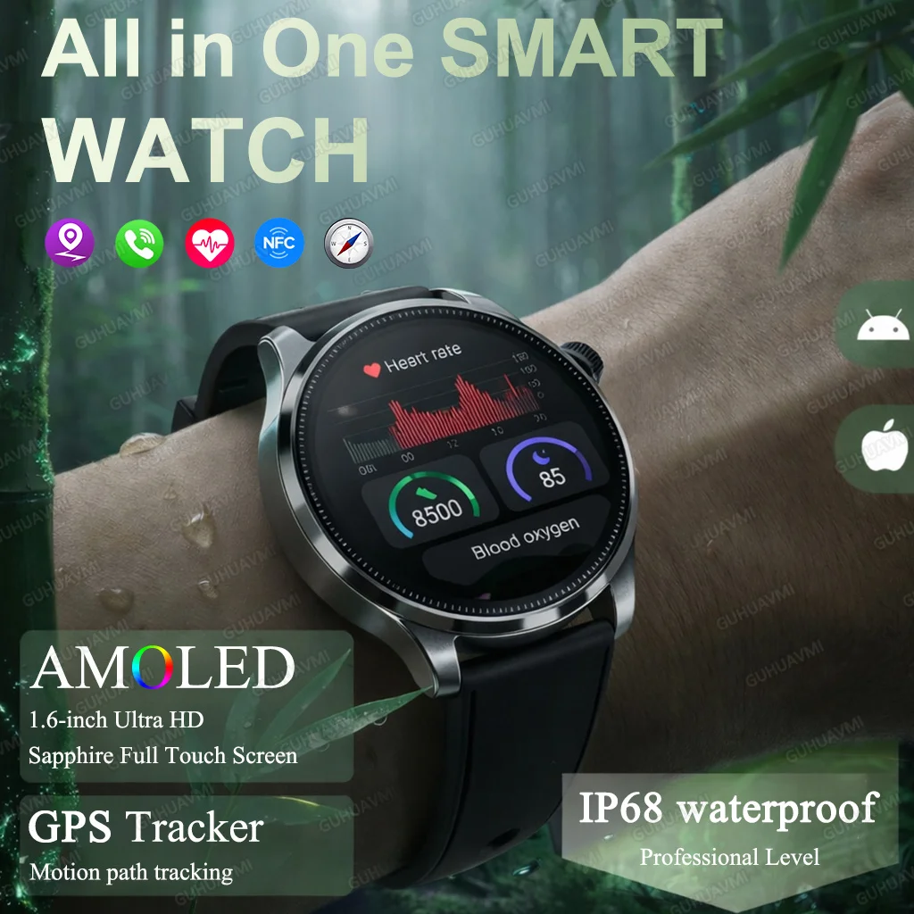 

2026 New All in One GPS Smart Watch Bluetooth Call 1.6" AMOLED Screen IP68 Compass NFC Sport Smartbracelet Men Women Android iOS