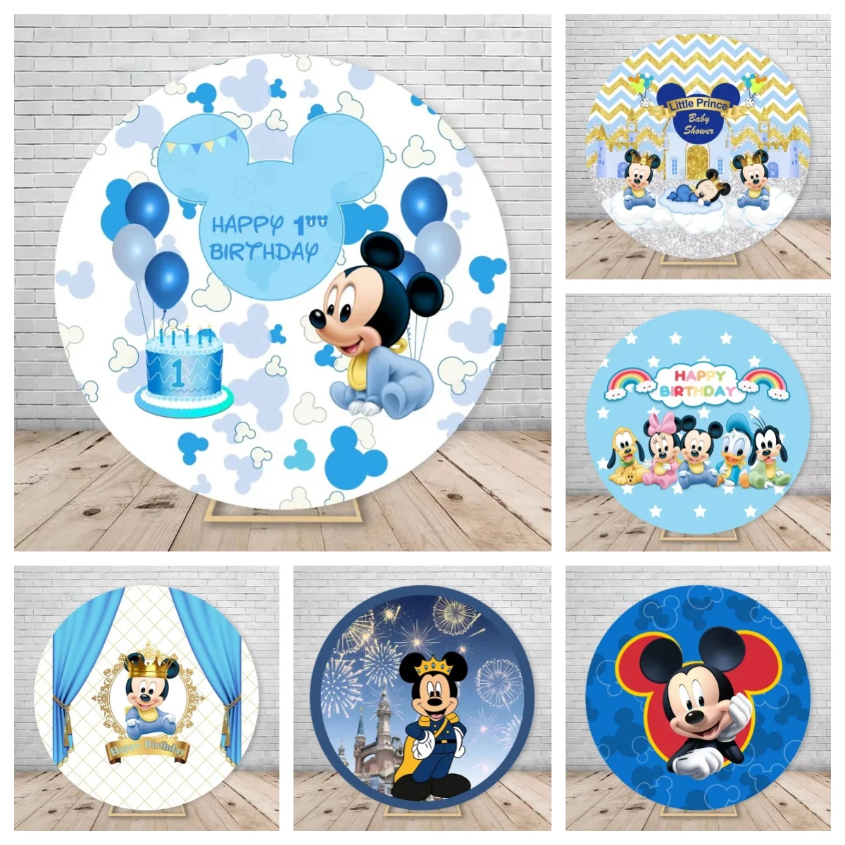 

Cartoon Mickey Mouse Blue Round Backdrop Kids 1st Birthday Party Decor Circle Photography Background Prince Baby shower backdrop