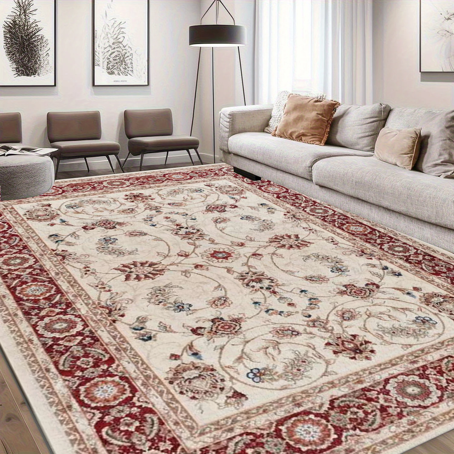 Classic European Floral Area Rug Beige Red Border Retro Carpet Soft Floor Mat For Living Room Bedroom Home Decoration