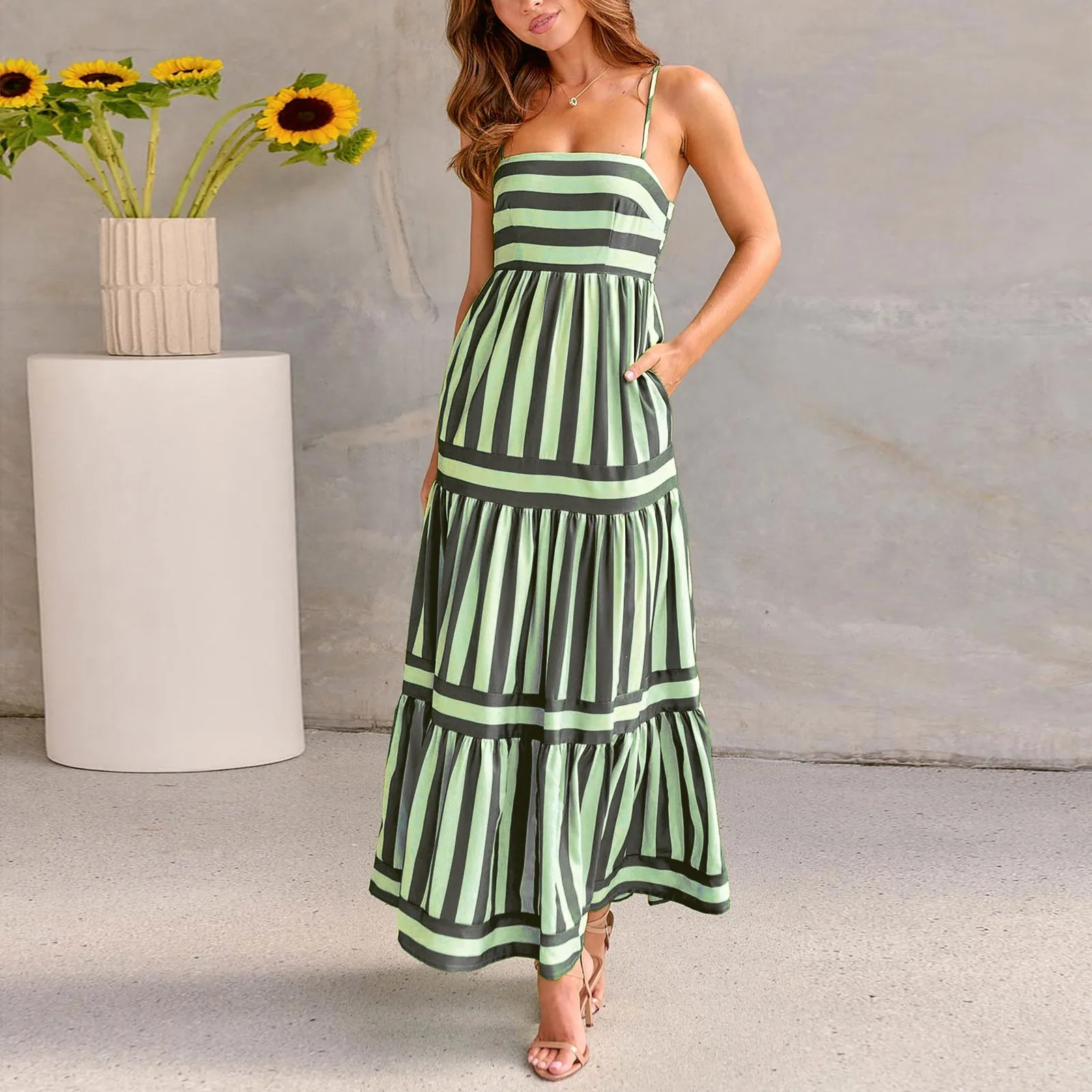 Moda donna Boho colorato Spaghetti Strap Dress Summer Vacation Beach Long Sundress Striped Flowy Cami Maxi Dress Vestidos