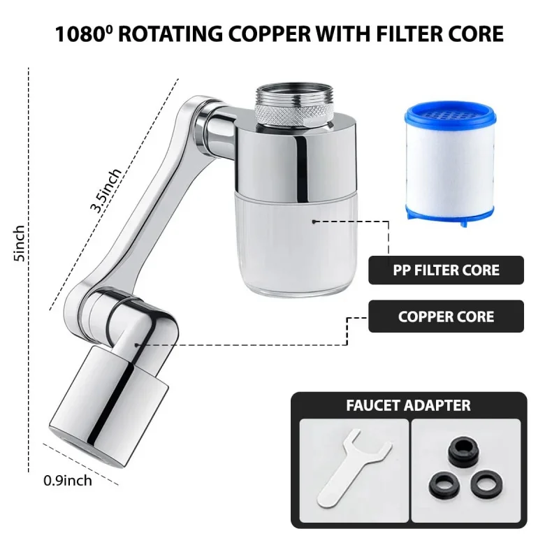 New Kitchen Sink Faucet Splash Aerator with Filter 1080° Rotating Tap Extender 2 Modes Bubbler Nozzle Solid Brass Robotic Arm