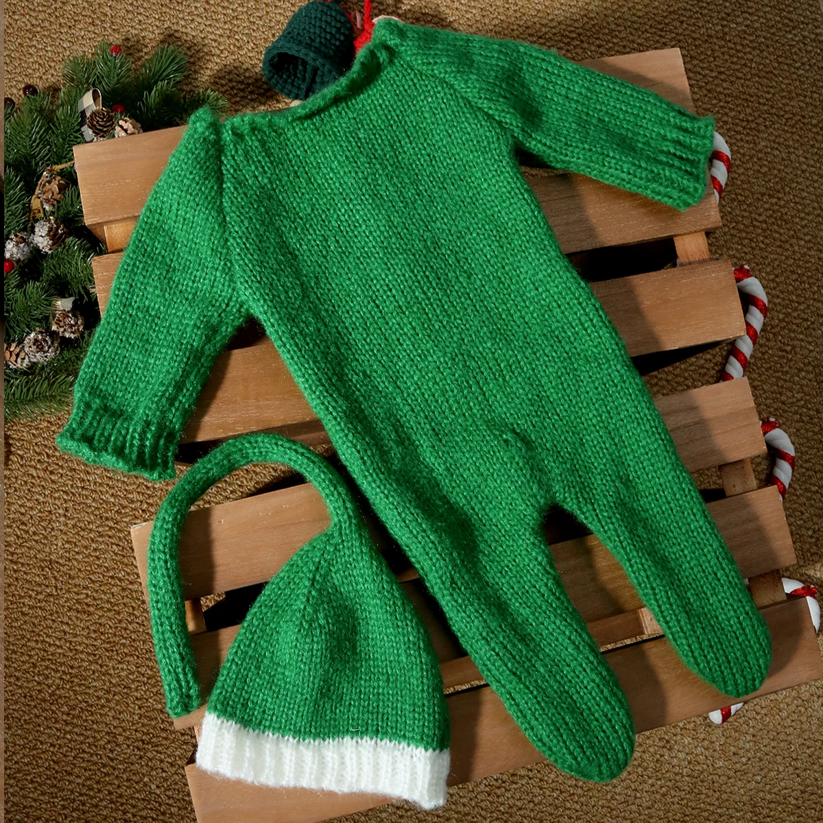 Ylsteed Newborn Christmas Outfits for Photo Shooting Red Mohair Footed Jumpsuit Long Tail Sleepy Hat Infant Photography Props