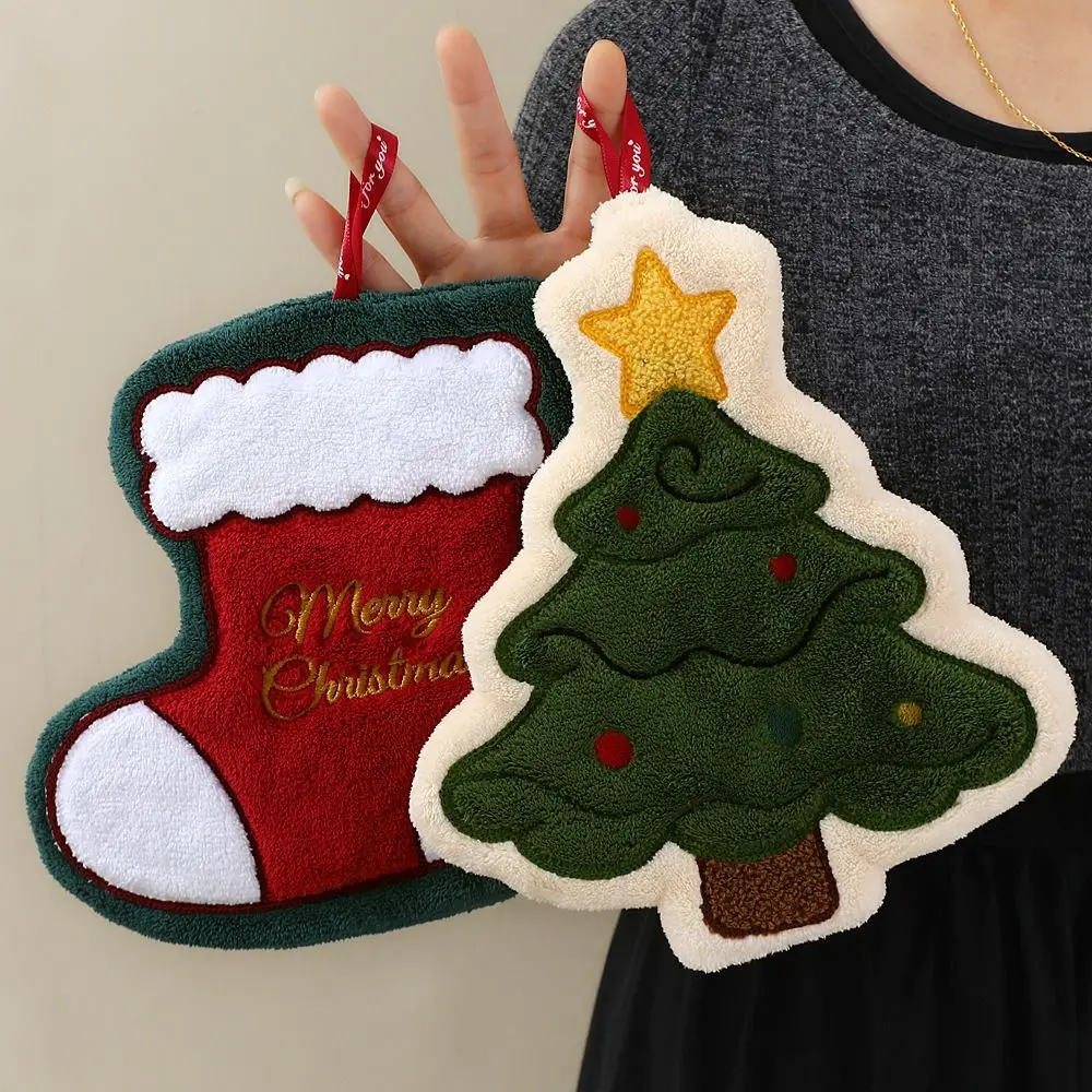 Creative Xmas Hanging Hand Towel Kawaii Absorbent Christmas Tree Hand Towel Household Coral Velvet Santa Claus Handkerchief