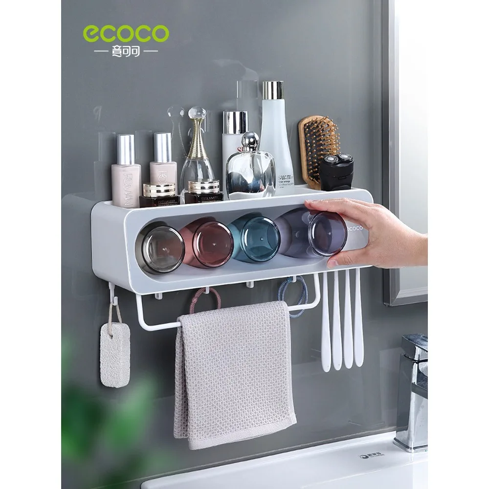 Ecoco Toothbrush Holder Toothbrush Cup Wall-Mounted Bathroom Punch-Free Wall-Mounted Storage Rack Toothbrush Cup Set