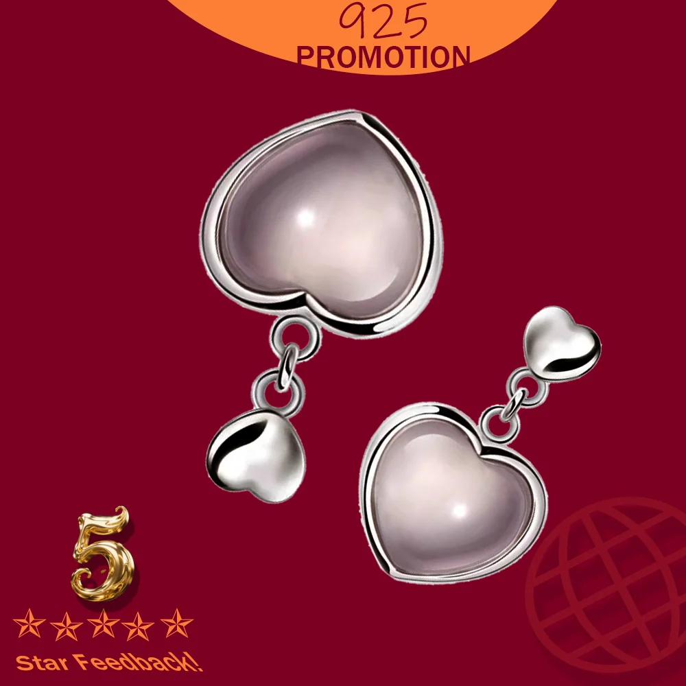 

925 stamp silver color Earrings Natural Stone Pink Crystal Heart Dangle Earrings For Women oorbellen