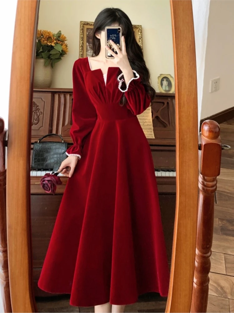 French Vintage A-line Wedding Party Dress Women Autumn Elegant Long Sleeve Backless Red Vestidos Mujer Princess Robe Spring New