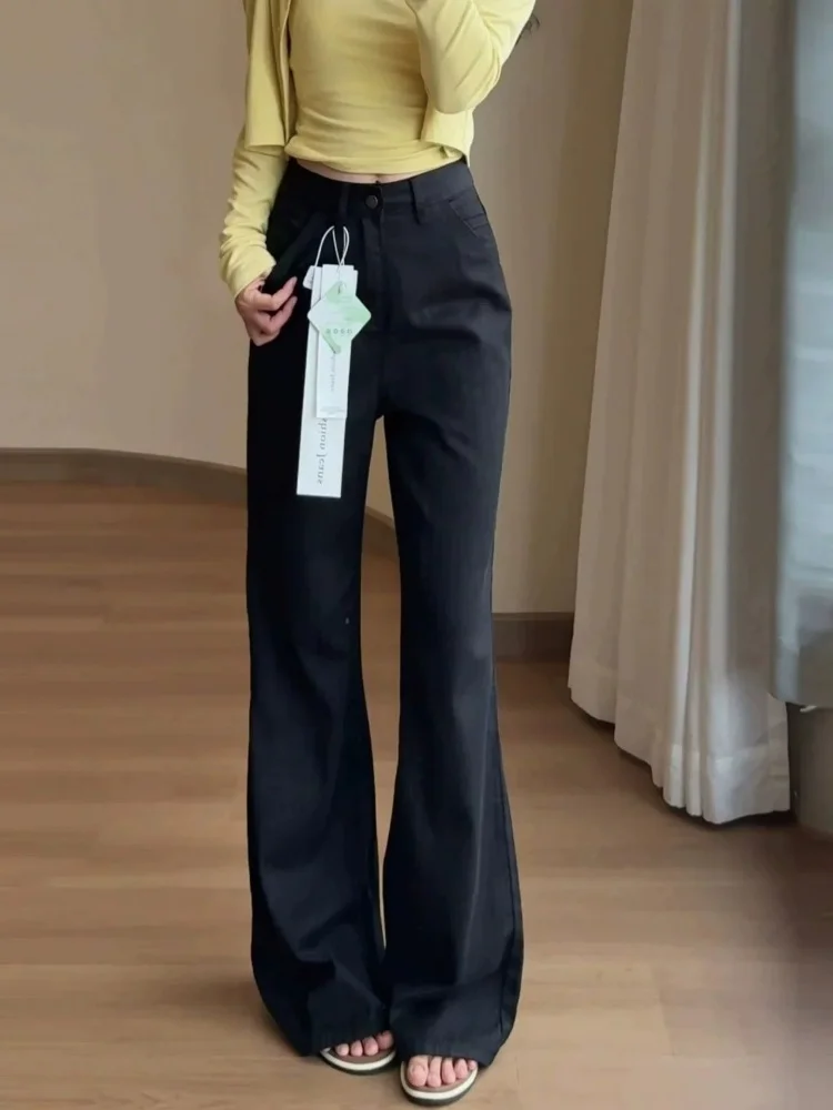 High Waist Bell Bottom Jeans Women's Autumn New Style Elastic Slimming Floor Length Pants Commute Style Pure Color Straight Leg