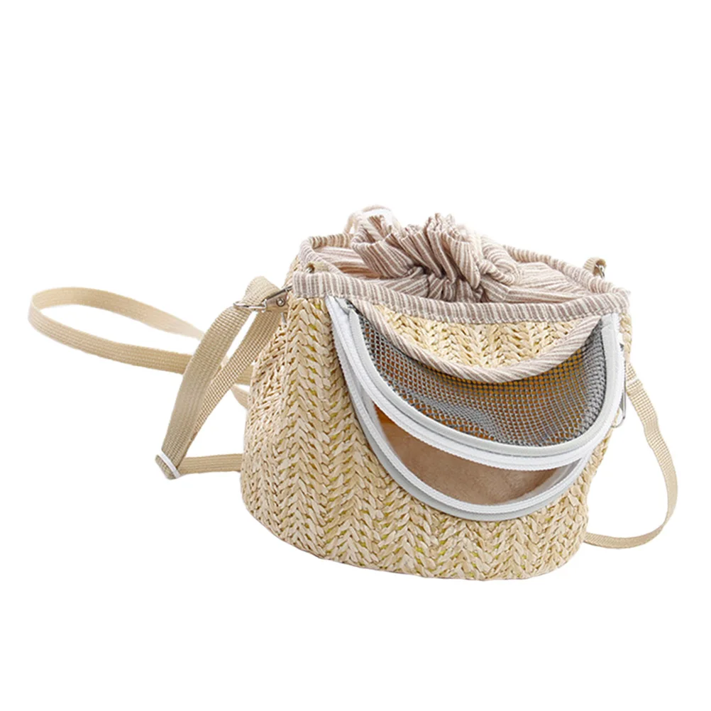 

Portable Hamster Carrier Gauze Ventilation Design Durable Lightweight Cylinder Straw-Woven Fashion Small Outdoor Travel Bag For
