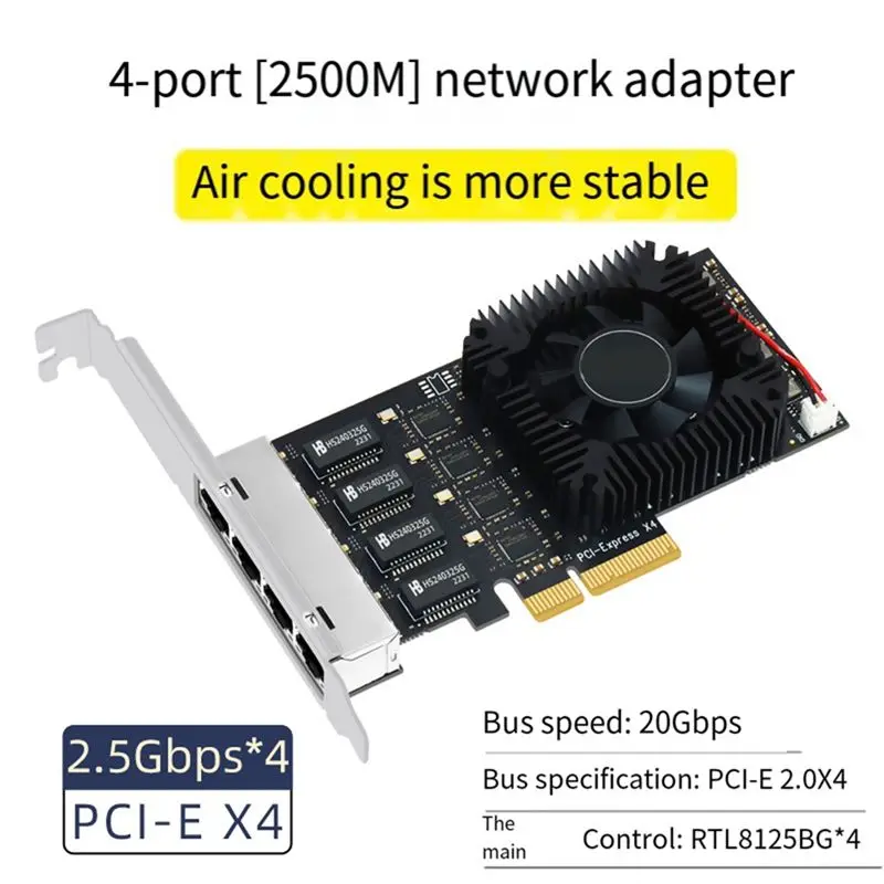 Stylish-1 Piece 4 Port PCIE POE Network Card Black Plastic+Metal Gigabit Industrial Ethernet Converter 20G PCIE X4 Adapter 8125B