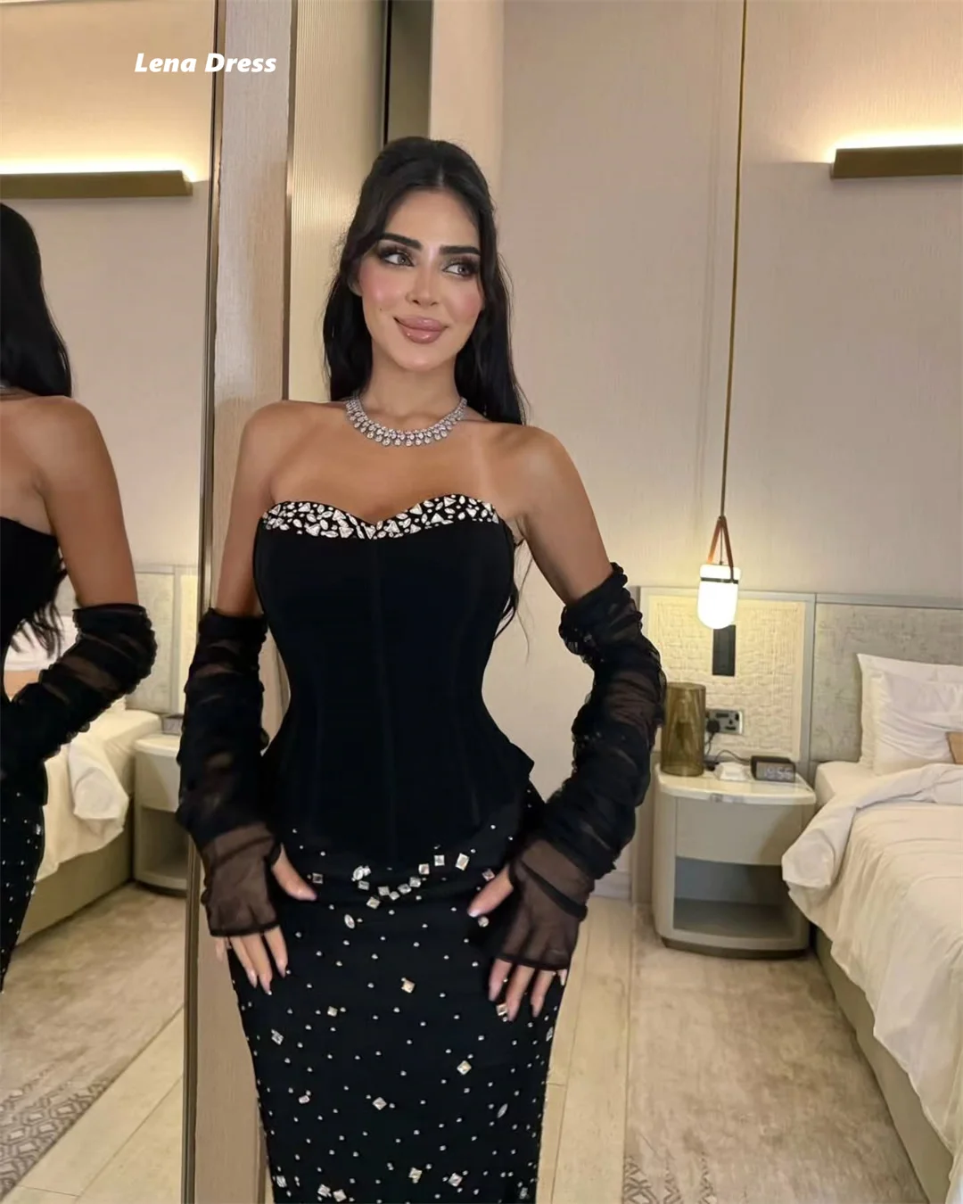 Lena Off the Shoulders Ballkleider 2025, luxuriöses Party-Abendkleid für Damen, glänzend, maßgeschneidert, elegante Damenkleider, schwarz, lang