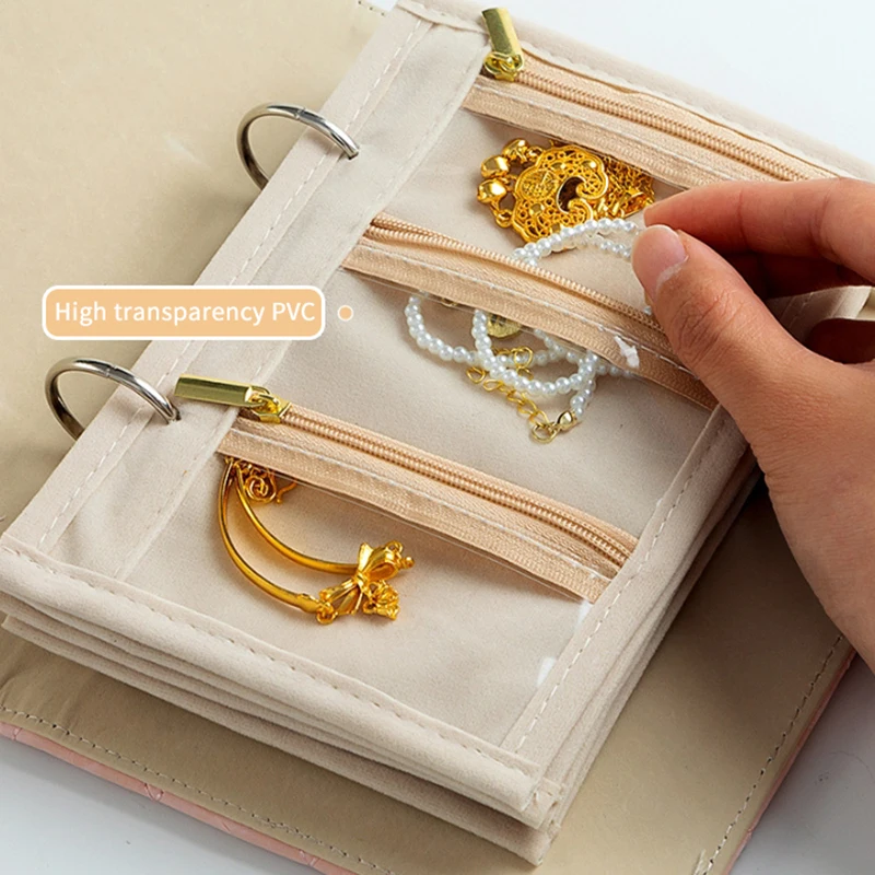 

PU Leather Jewelry Storage Book Zipper Clear Pockets Jewelry Packaging Box Necklace Binder Storage Display Product For Women
