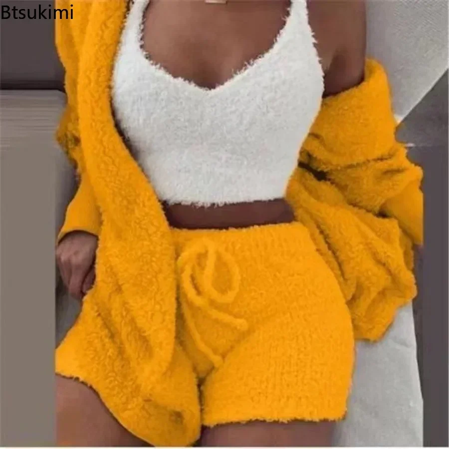 New 2025 Women Velvet Three Piece Suit Outfits Soft Warm White Matching Set Crop Top And Shorts Lounge Home Wear Pijama Oversize