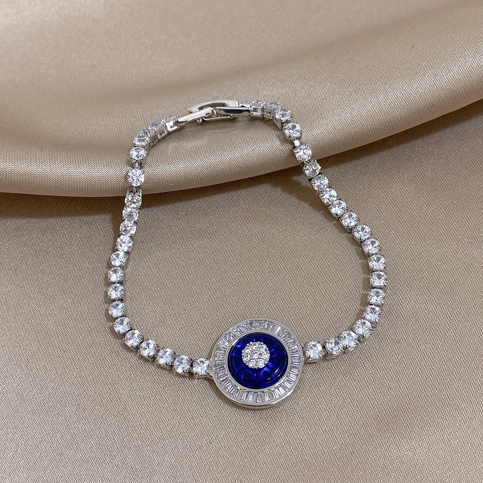 Flashbuy Zircon Stainless Steel Chain Bracelets for Women Charm Blue Acrylic Round Pendant Bracelet Fashion Jewelry Gift