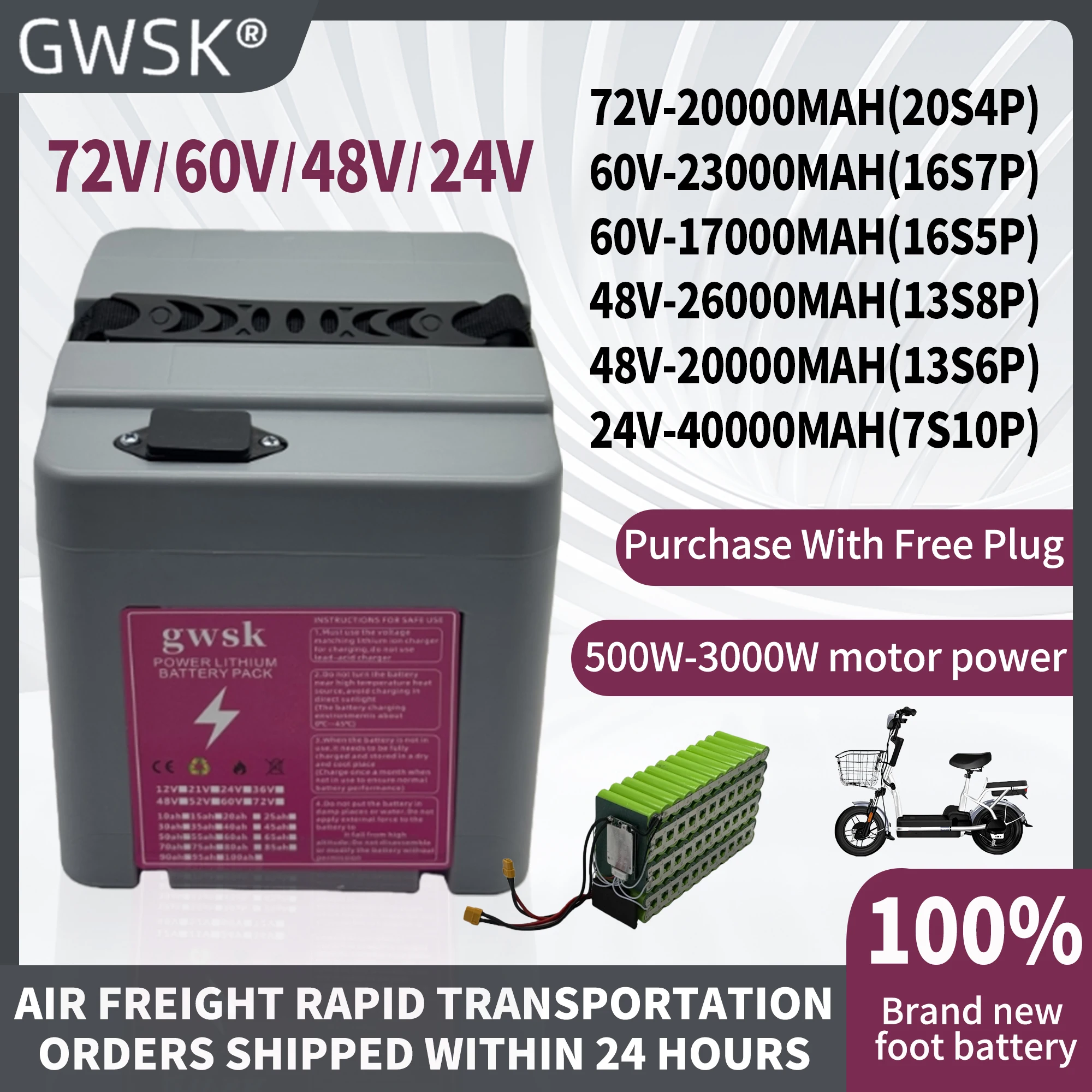 

GWSK Small White Box Convenient 18650 Lithium ion Battery, 72V/60V/48V/24V, all with cancelled capacity, built-in BMS