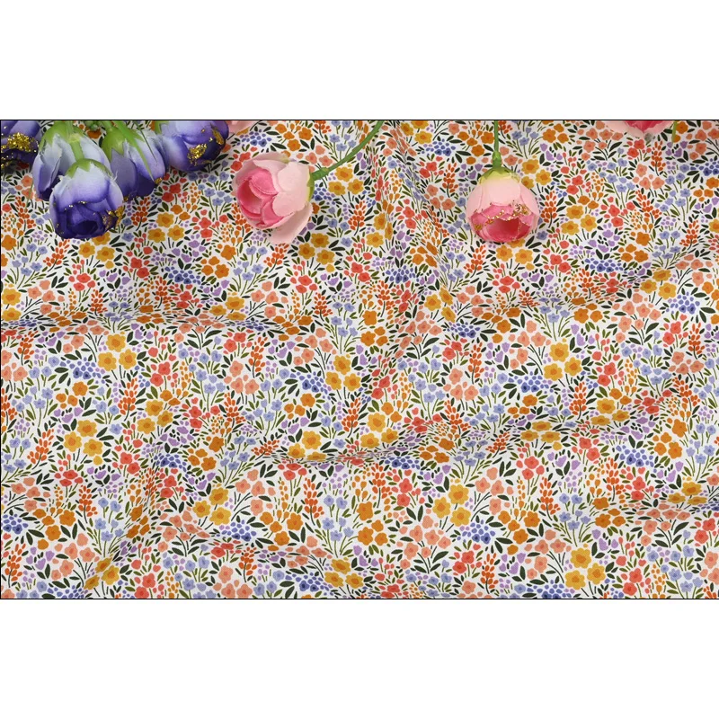 Plain Cotton Fabric with Cute Garden Little Flower Print, Handmade DIY Patchwork, Bag Garment Dress Cloth, CR-1608