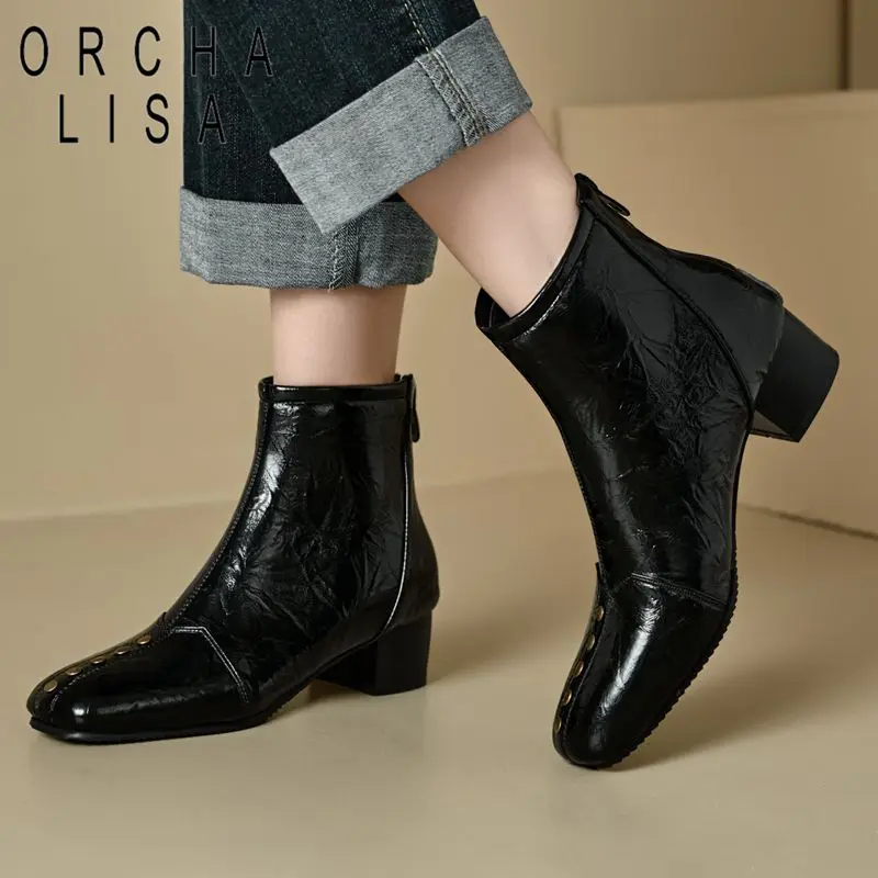 

ORCHA LISA Brand 2025 Women's Ankle Boots Square Toe 5.5cm Chunky Heels Zipper Rivets Large Size 46-48 Retro Dating Bota Sale