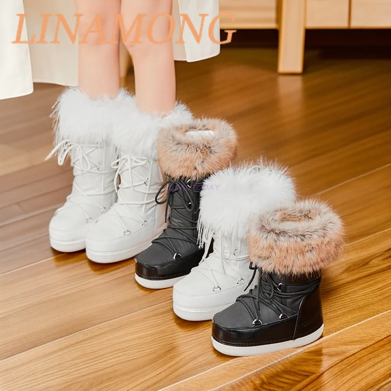 

Height Increasing Thick Soled Snow Boots Round Toe PU Leather Lace Up Design Cotton Boots Waterproof Anti Slip Long Tube Boots