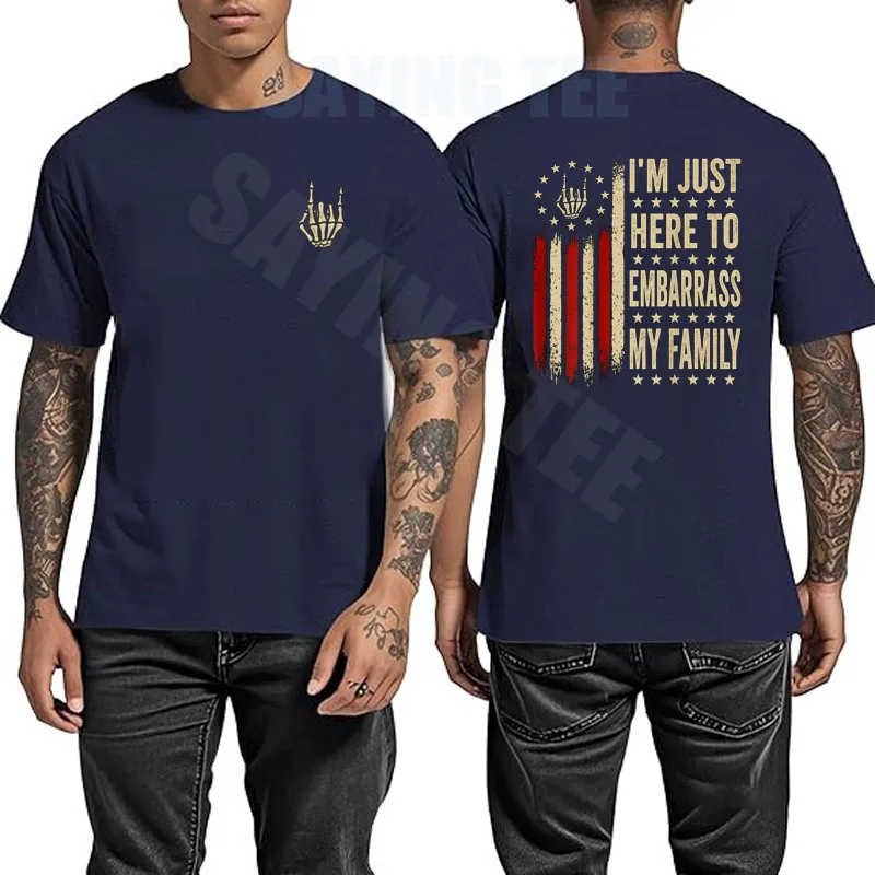 Ich bin nur hier, um meine Familie zu schmeicheln. Sarkastisches T-Shirt, Y2k-Flagge der USA, Skelett, Halloween-Kostüm, weiche Baumwolle, kurzärmelige Kleidung – Detail 13