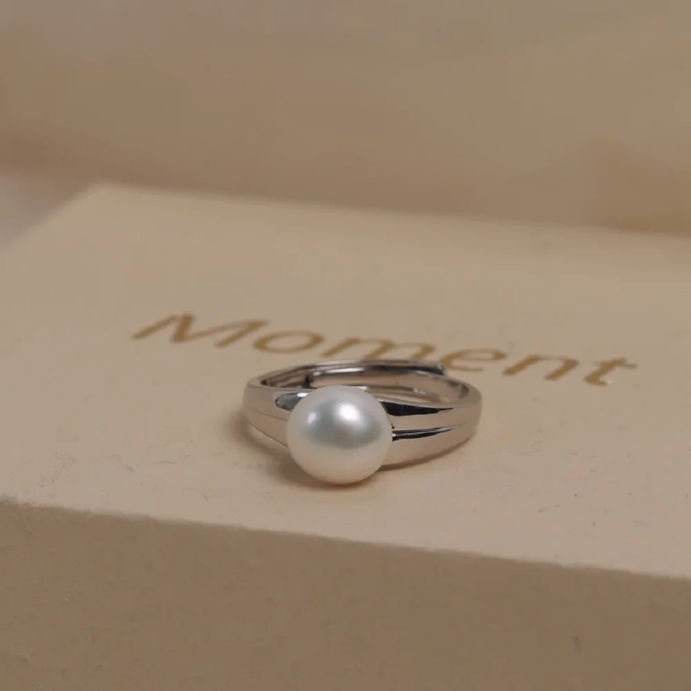 New Pearl Ring AAAA7-8mm Japanese Round Natural Pearl Open Ring 925s