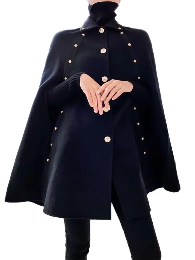 High Quality Black Cape Woolen Shawl Coat Korean Women Autumn Winter Mid-Length Loose Vintage Golden Button Cloak Wool Coat