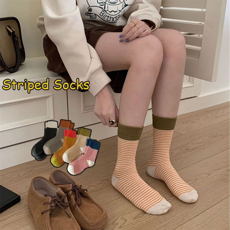 

Женские вязаные носки в полоску, осенне-зимние теплые махровые носки с круглым вырезом, утепленные термоноски средней длины, женские мягкие универсальные носки