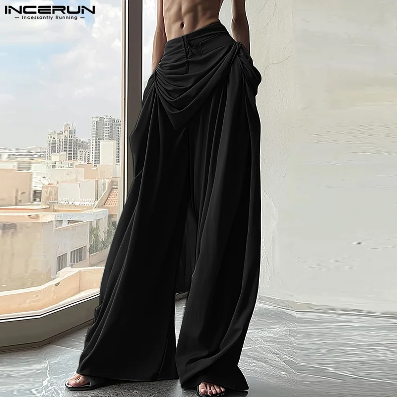 INCERUN 2024 American Style Stylish Wide Leg Pants Casual New Men Pantalons Streetwear Loose Pleated Solid Straight Leg Trousers