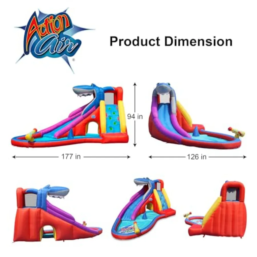 Inflatable Water Slide for backyard playgrounds, red shark bounce house with slide for wet and dry use, includes water spray an
