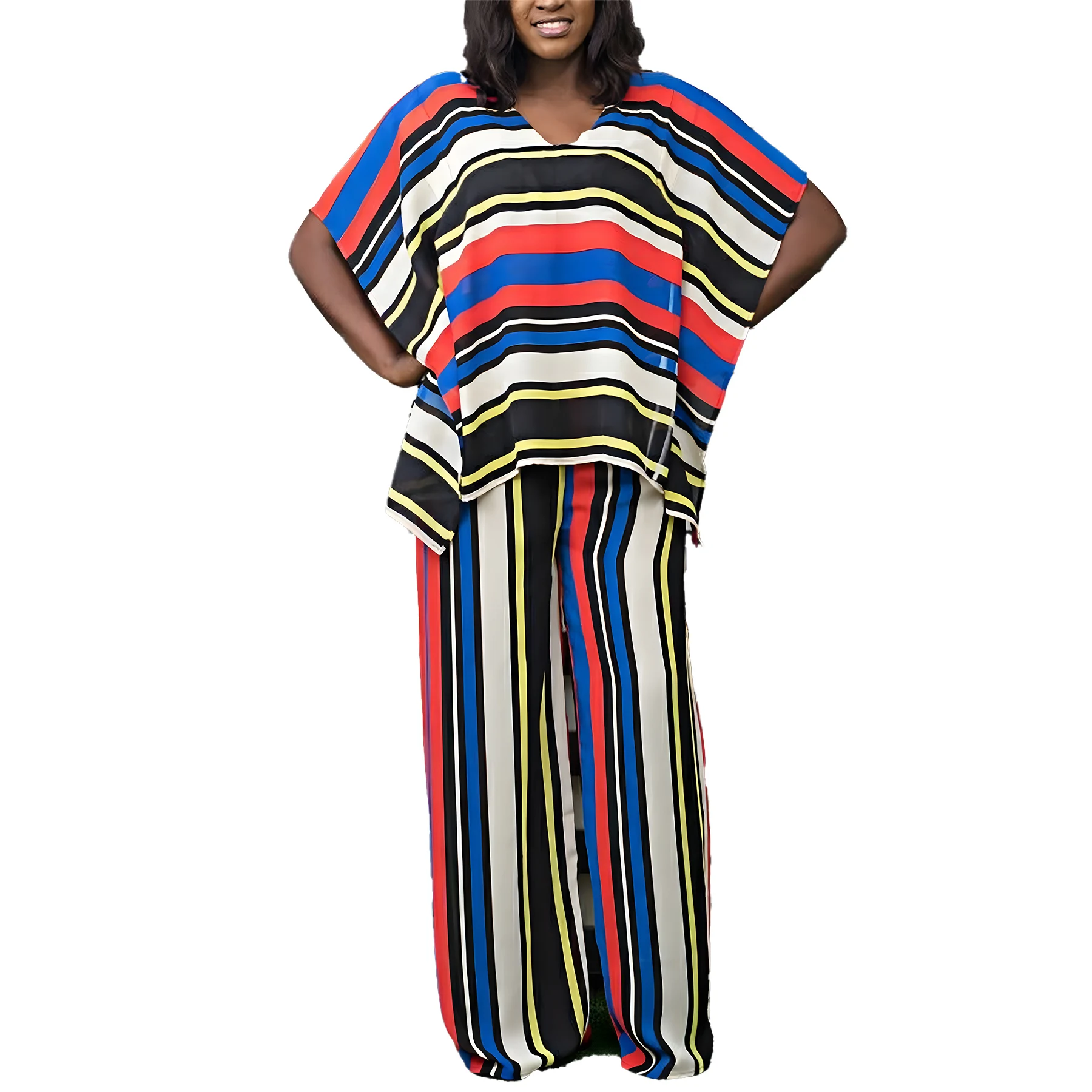 

Trendy Colorful Striped Two Piece Set For Women V-Neck Loose Top & Wide Leg Pants Outfit