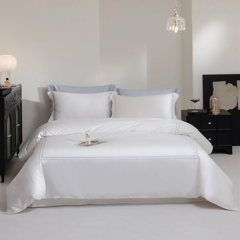 600TC Egyptian Cotton Hotel Luxury Bedding Set 4Pcs Double Line Embroidery Duvet Cover Bed Sheet Pillowcases Home Hotel Textile