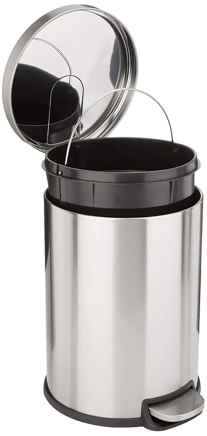 Round Cylindrical Trash Can With Soft-Close Foot Pedal, 20 Liter/5.3 Gallon, Brushed Stainless Steel