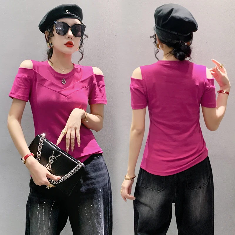 MadBlack Summer European Clothes Off spalla Tshirt donna Sexy O Necks Slim Cotton top manica corta Tees 2023 nuovo T34435C